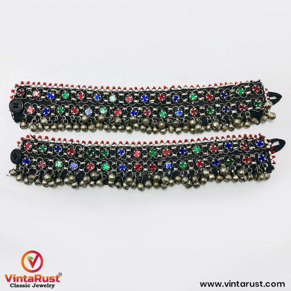 Multicolor Anklets, Tribal Anklets Pair, Afghan Kuchi Bells Anklets, Boho Anklet - Picture 1 of 8